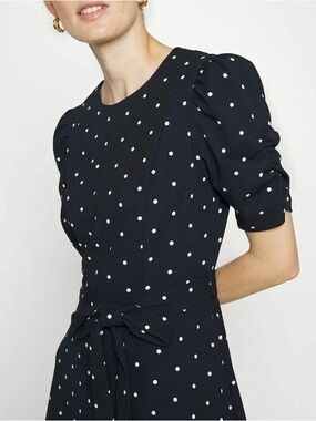 NWOT DKNY Navy Polka Dot Ruched Sleeve Dress.